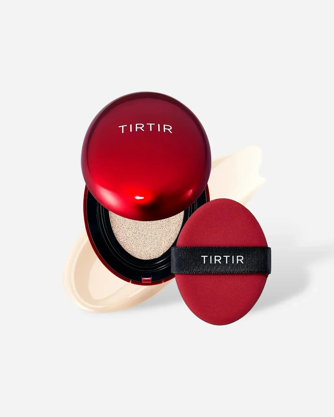 TIRTIR red cushion compact foundation with puff applicator and beige cream swatch