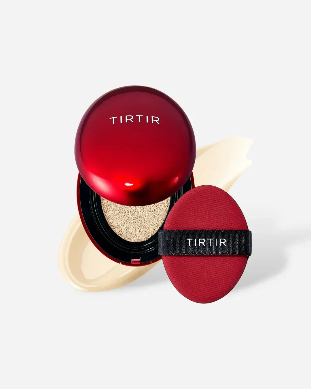 TIRTIR red cushion compact with beige foundation swatch and red applicator puff