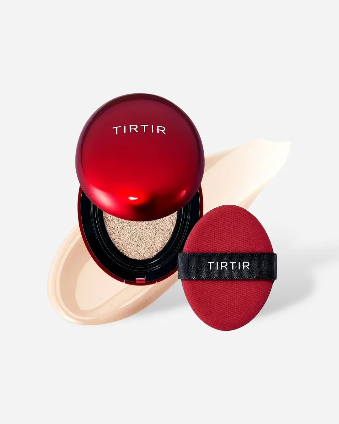 TIRTIR red cushion compact foundation with applicator and beige foundation swatch