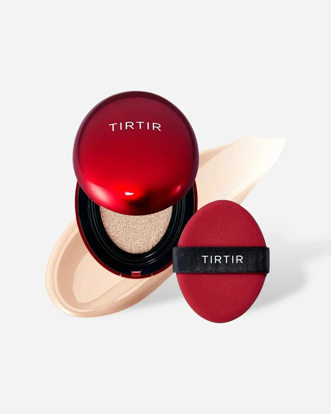 TIRTIR red cushion compact with beige foundation swatch and matching red applicator puff