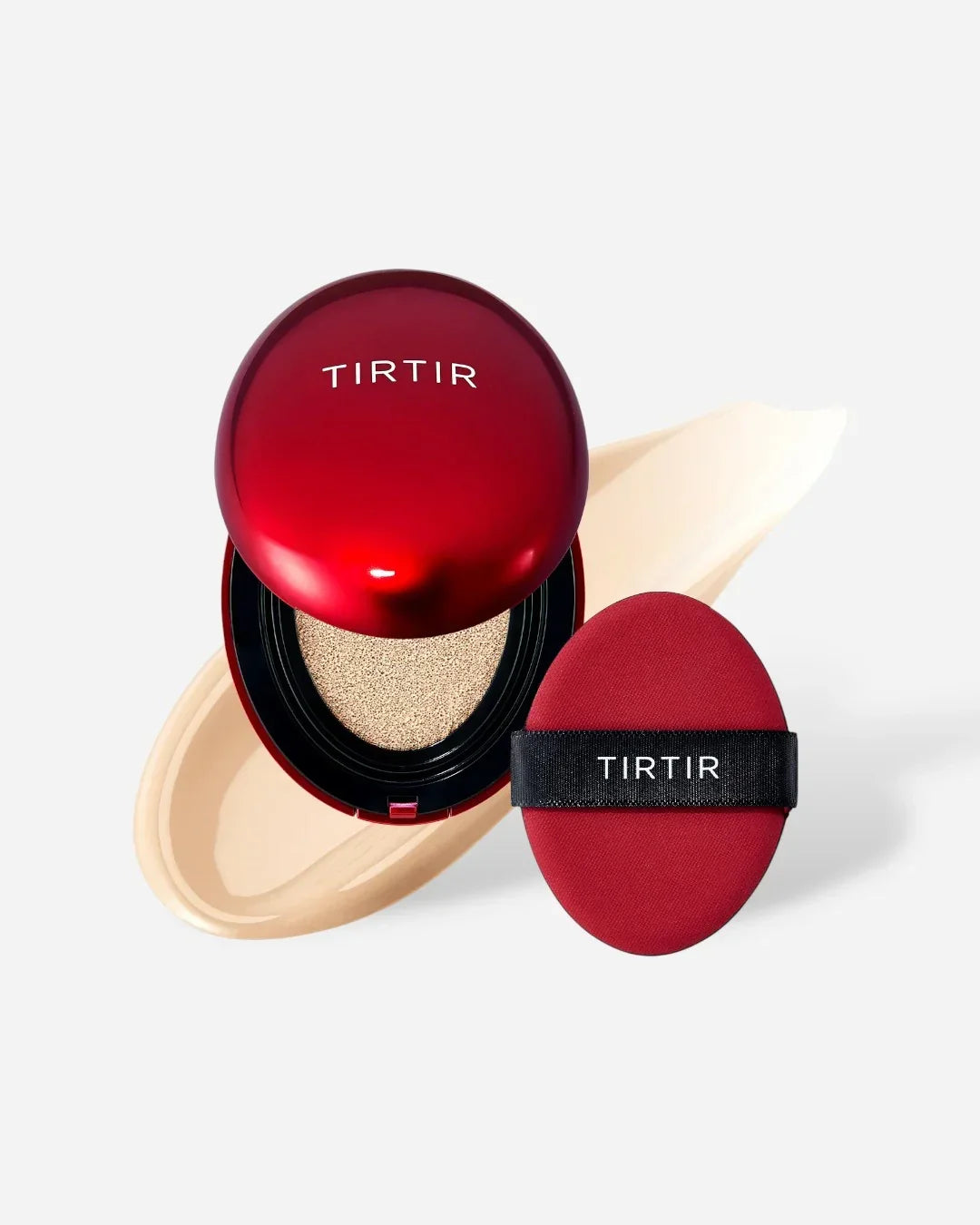 Tirtir red cushion compact foundation with matching applicator and beige foundation swatch on white background