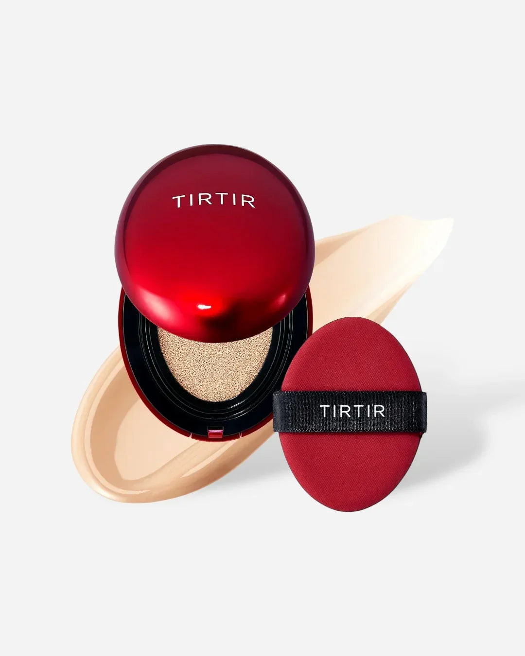 TIRTIR red cushion compact with beige foundation swatch and matching applicator puff on white background