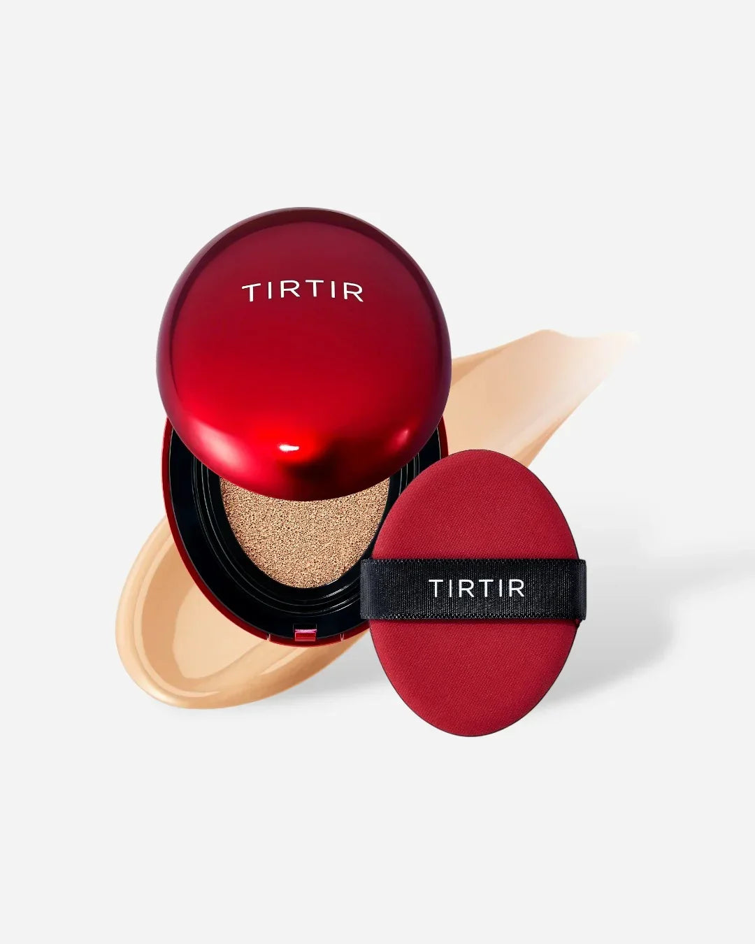 TIRTIR red cushion compact foundation with beige makeup swatch and matching red puff