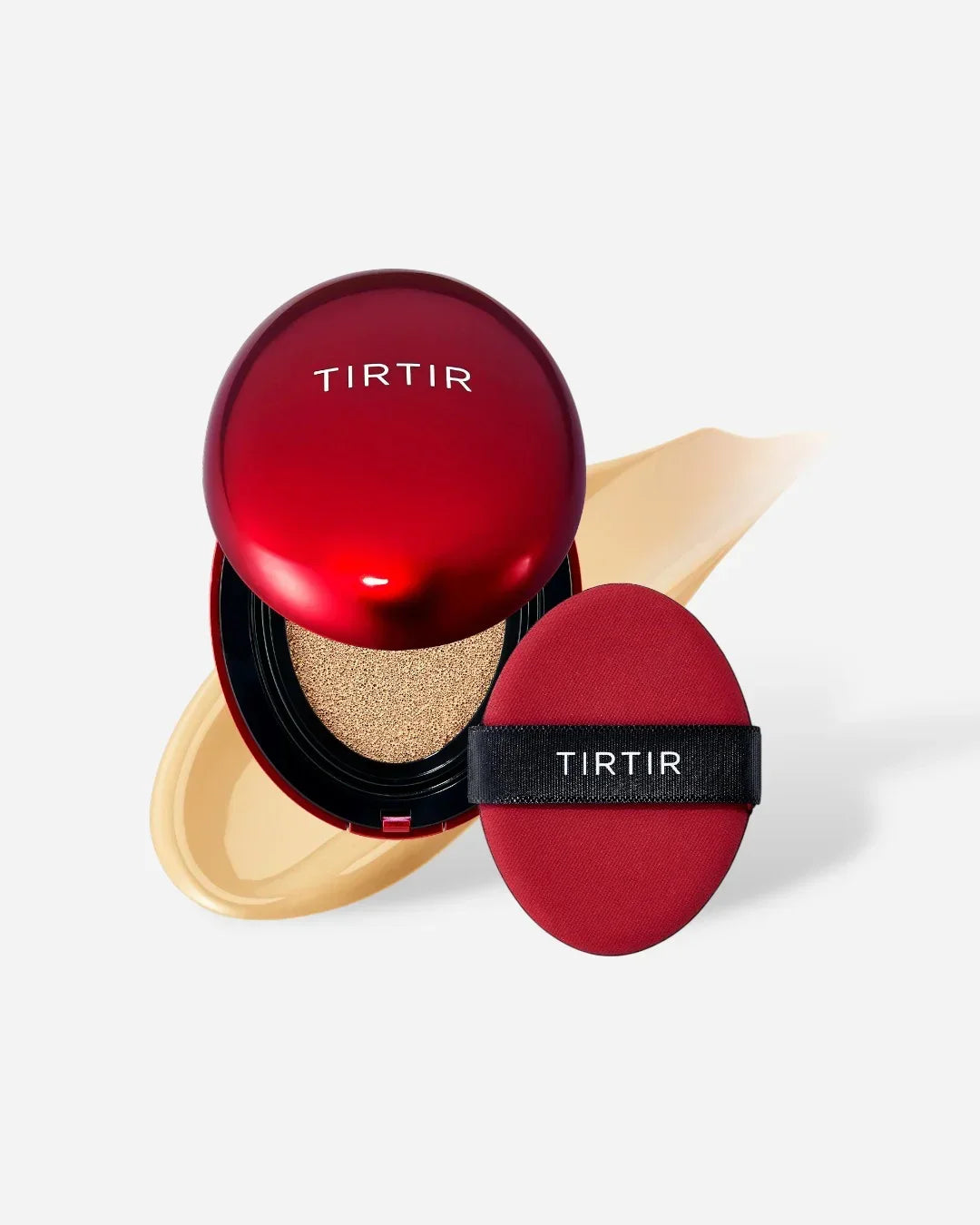 TIRTIR red cushion compact foundation with beige makeup swatch and matching applicator pad