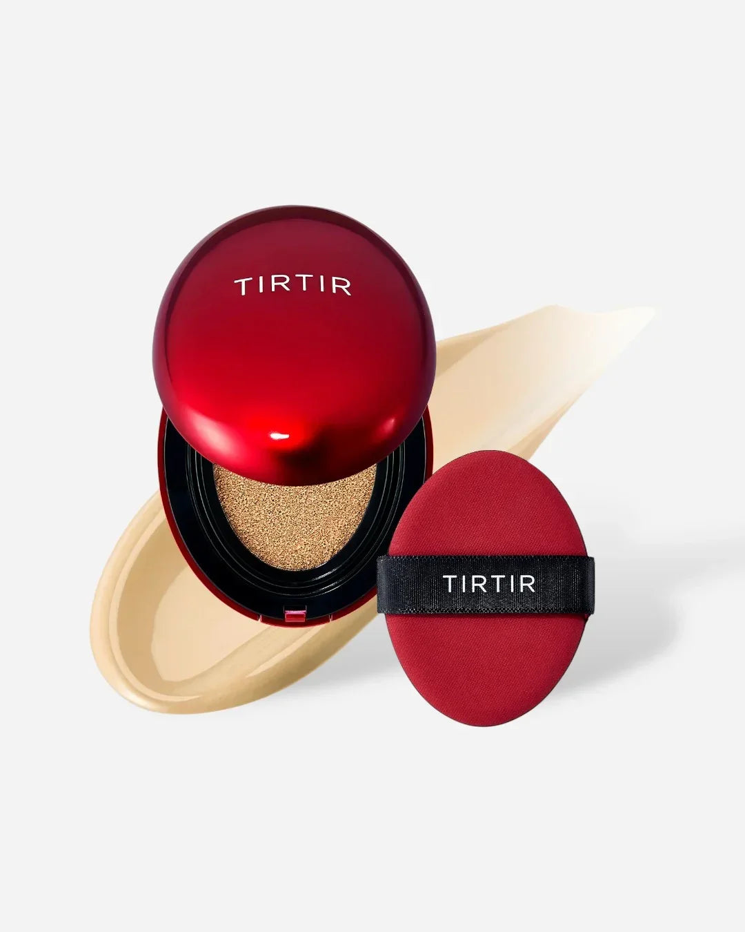 TIRTIR red cushion compact with beige foundation swatch and matching red applicator puff