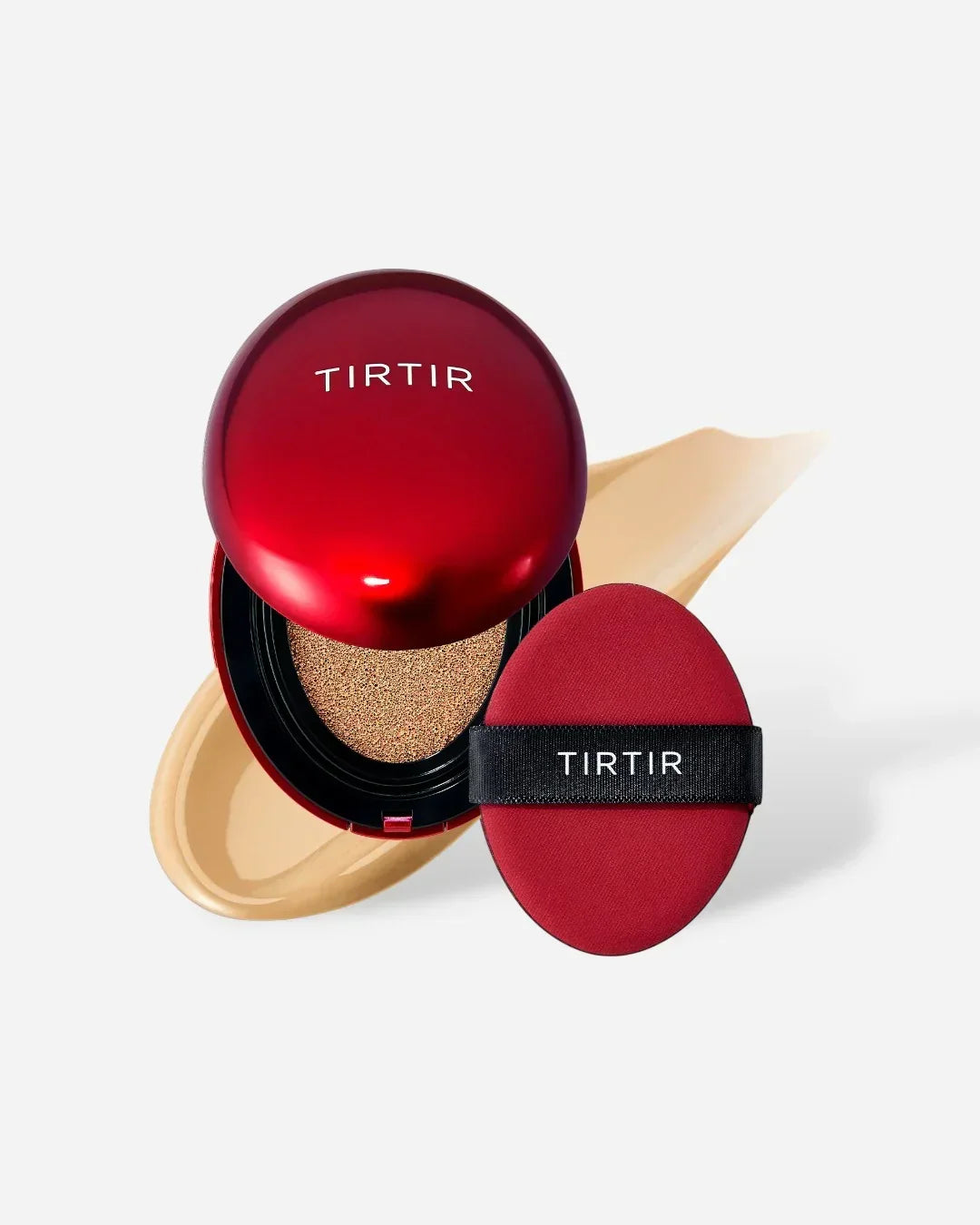 TIRTIR red cushion compact foundation with applicator sponge and beige swatch on white background