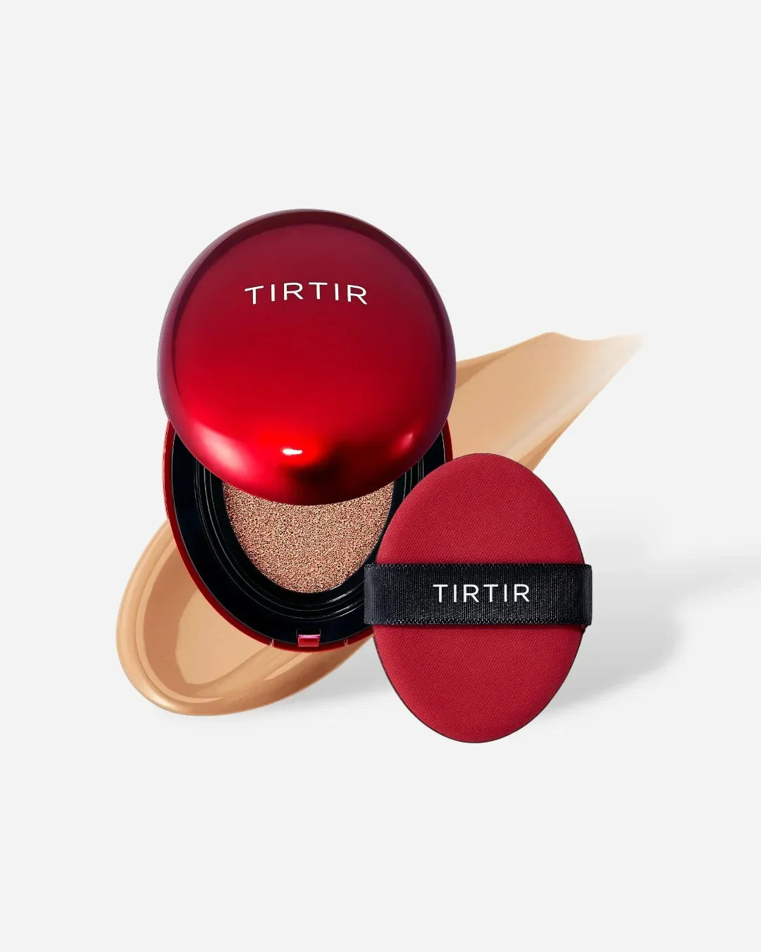 TIRTIR red cushion compact foundation with matching puff on beige liquid swatch