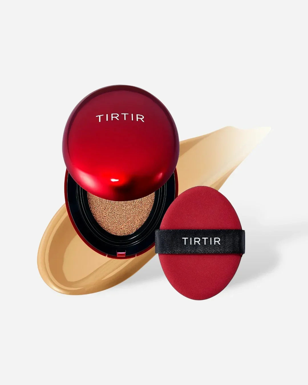 TIRTIR red cushion compact and applicator with natural beige foundation smudge on white