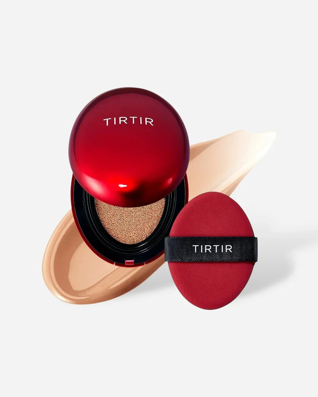 TIRTIR red cushion compact foundation with applicator and beige foundation smear