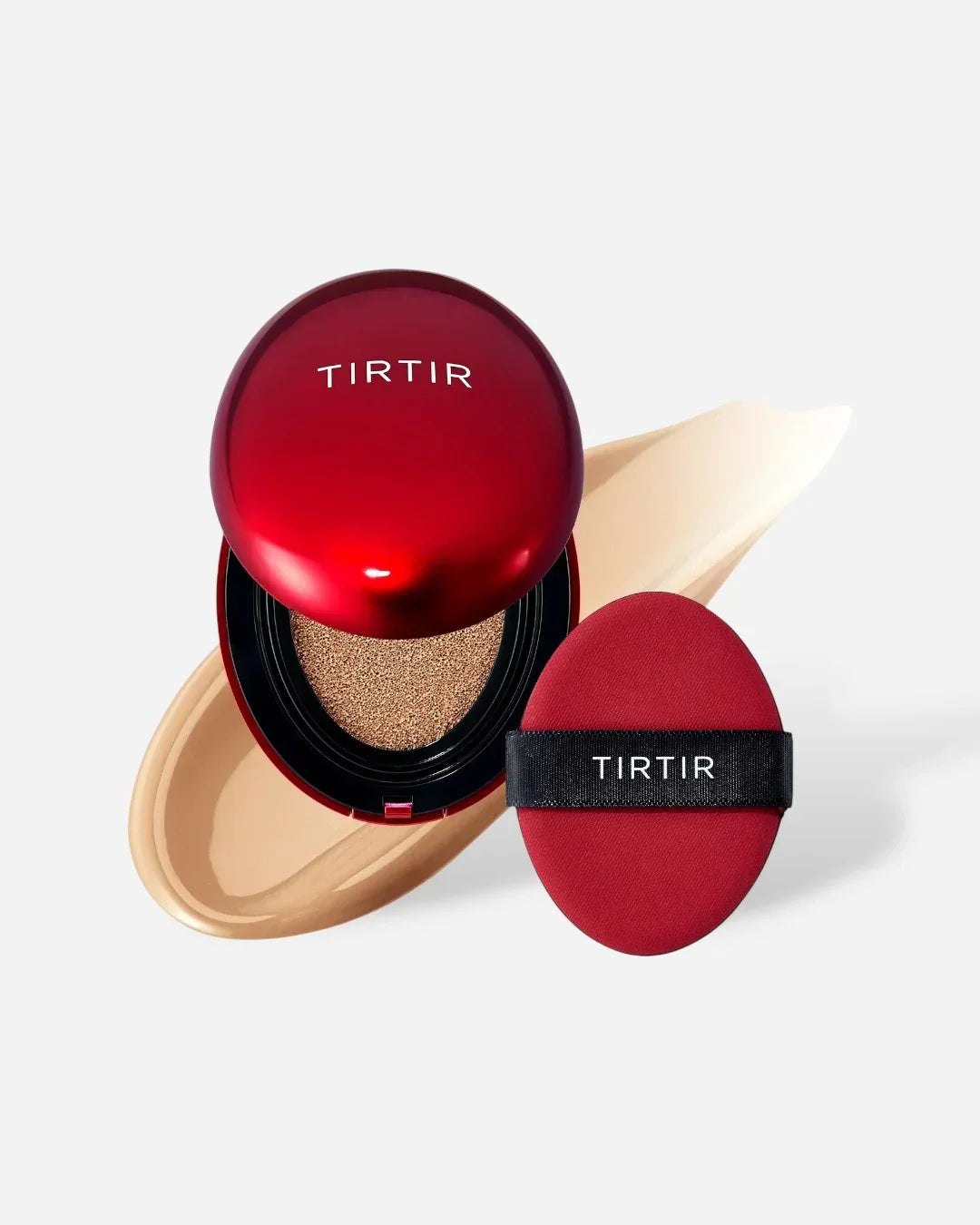 TIRTIR red cushion compact foundation with applicator and beige foundation swatch