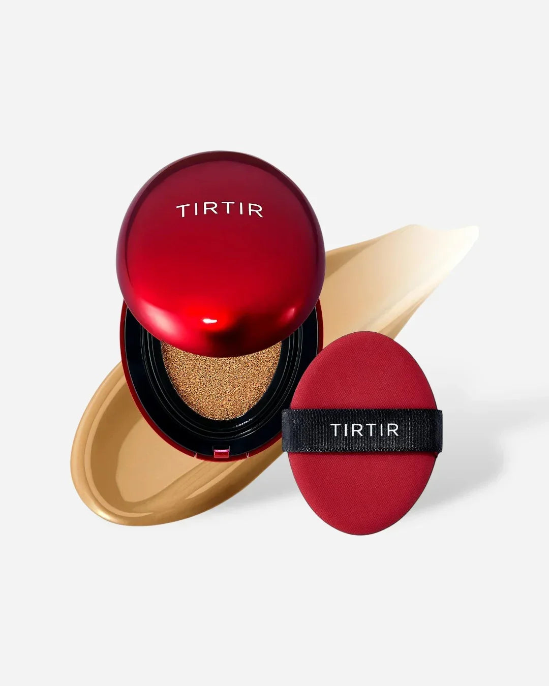 TIRTIR red cushion compact with applicator and foundation swatch on white background