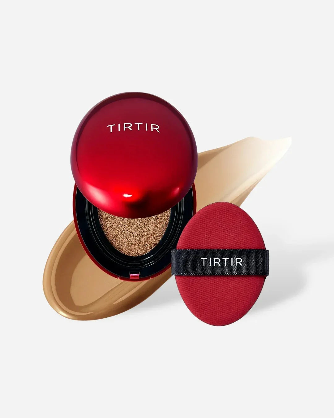 TIRTIR red cushion foundation compact with beige liquid foundation smear and matching red applicator sponge