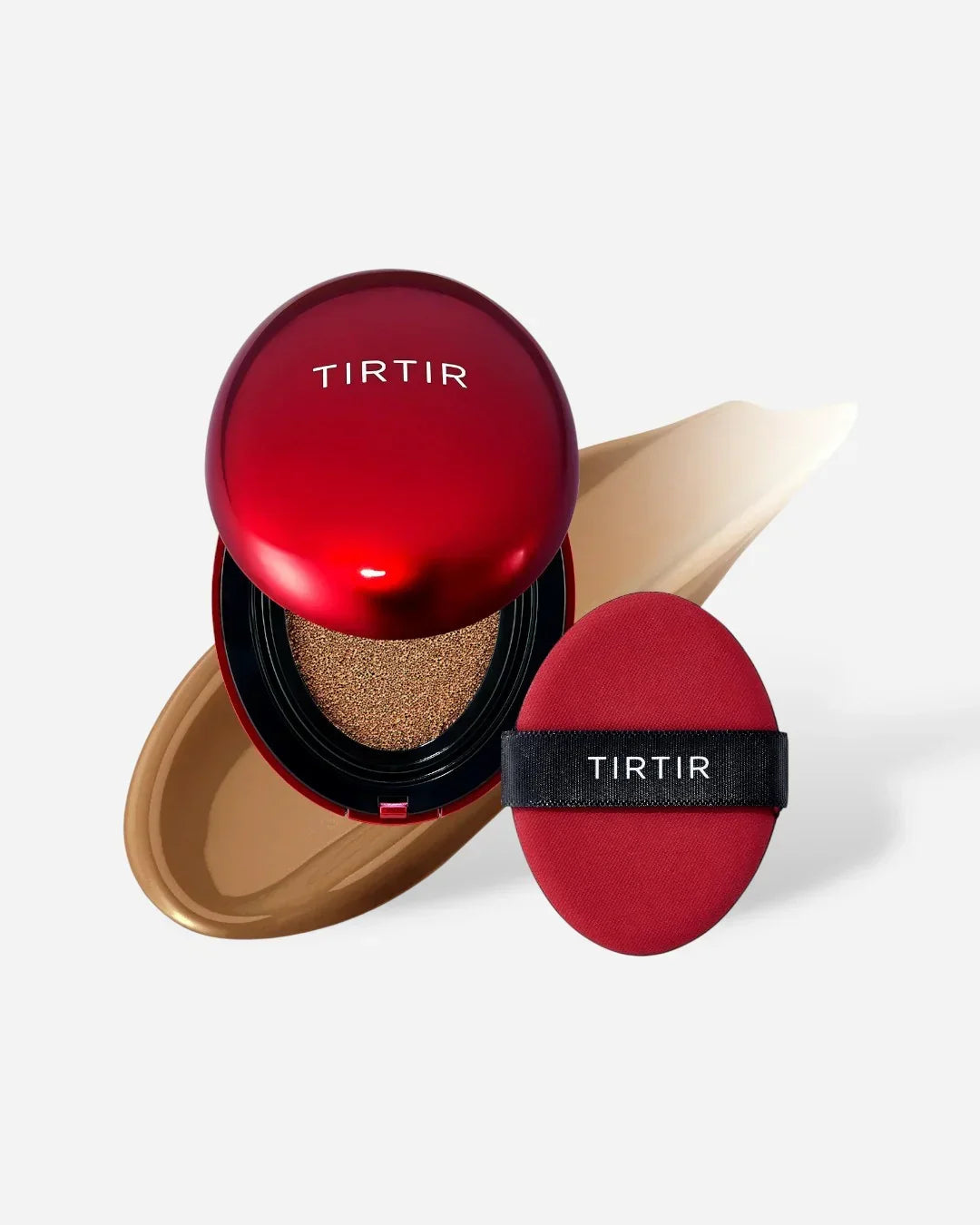 TIRTIR red cushion compact foundation with applicator and deep cocoa shade smear on white background