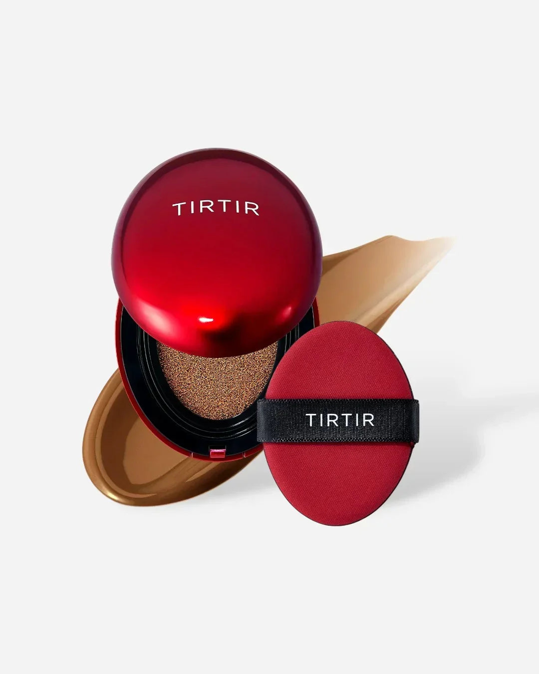 Tirtir cushion foundation compact with red case and applicator on beige foundation smear