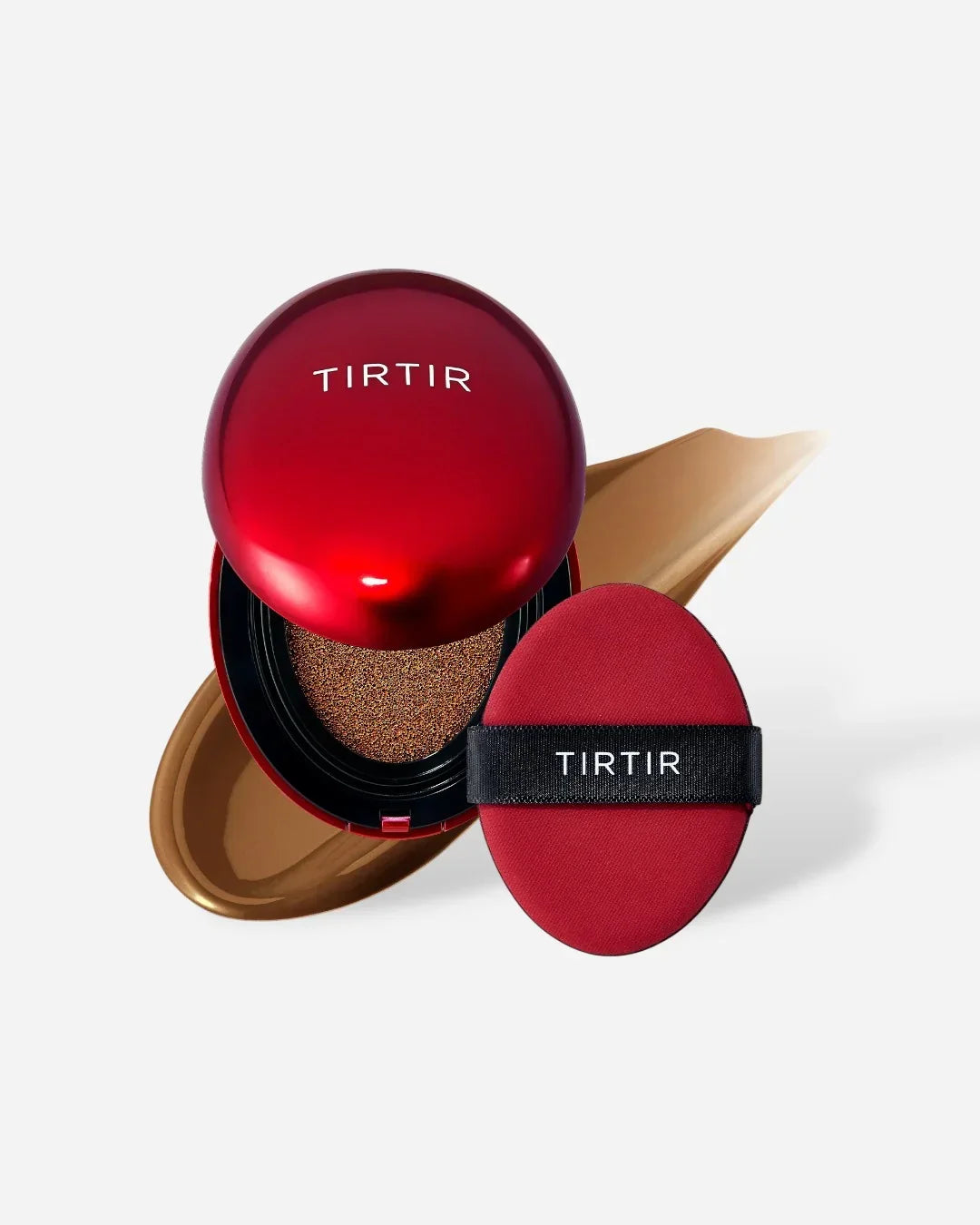 TIRTIR red cushion compact with chestnut foundation swatch and matching applicator puff
