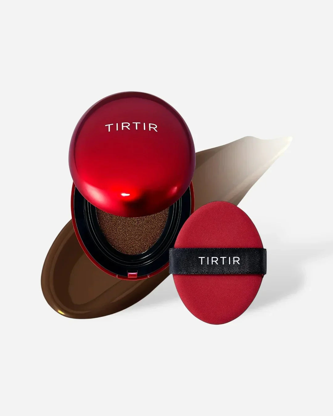 TIRTIR red cushion compact foundation with applicator puff and foundation swatch on white background