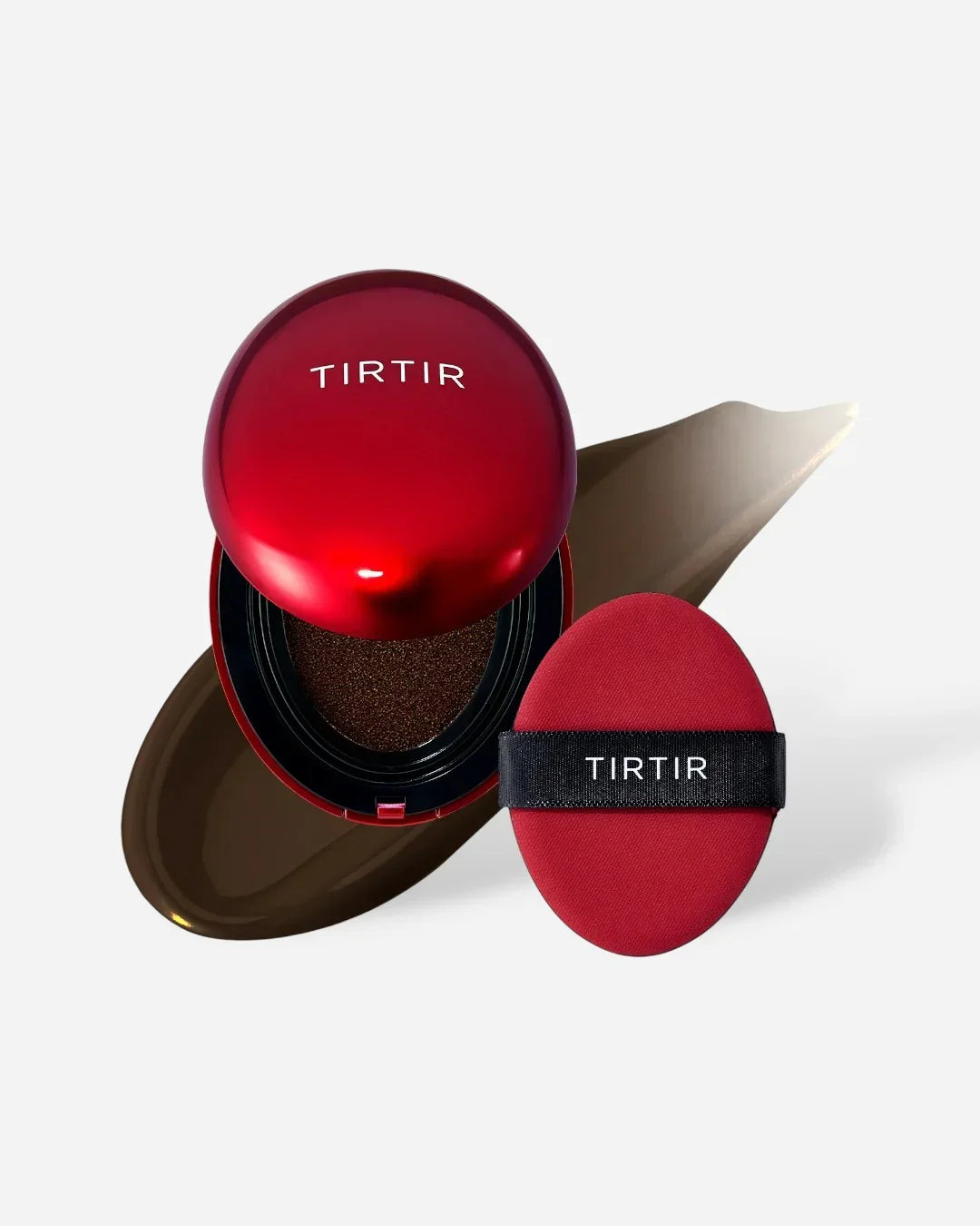 TIRTIR red cushion compact with espresso tone foundation swatch and applicator puff
