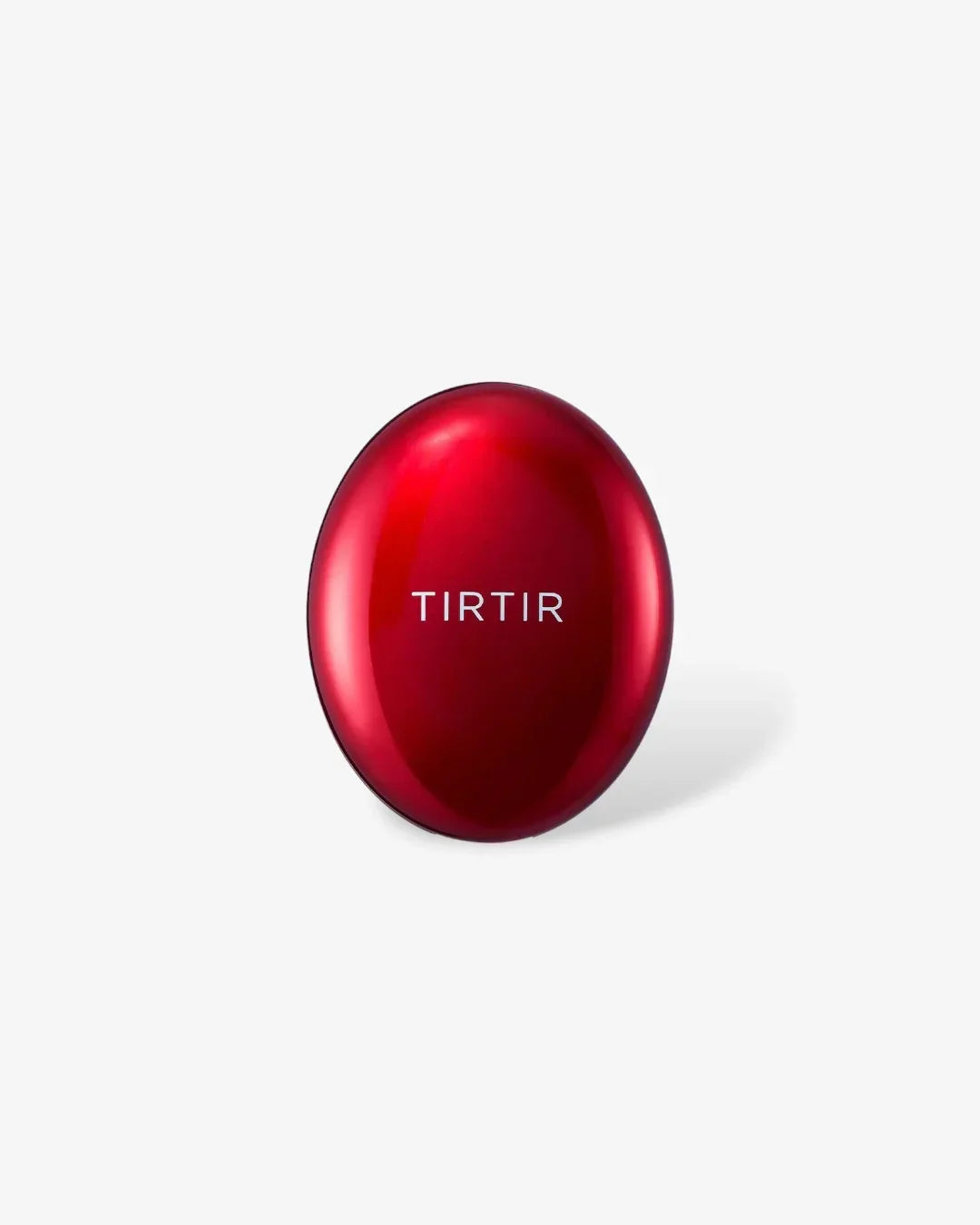 Shiny red oval compact cushion case with TIRTIR logo on white background