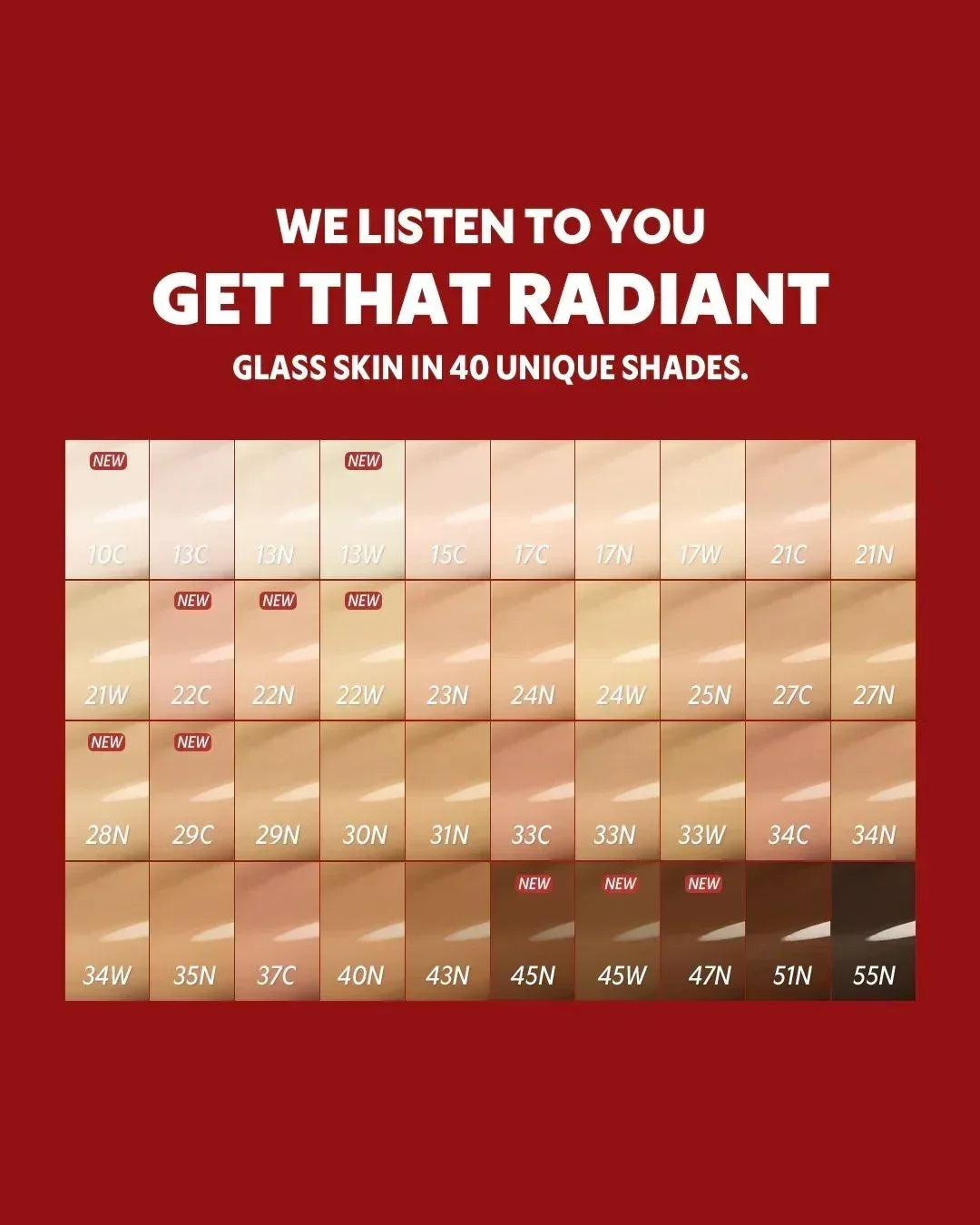 Foundation shade chart with 40 unique skin tones on red background for radiant glass skin