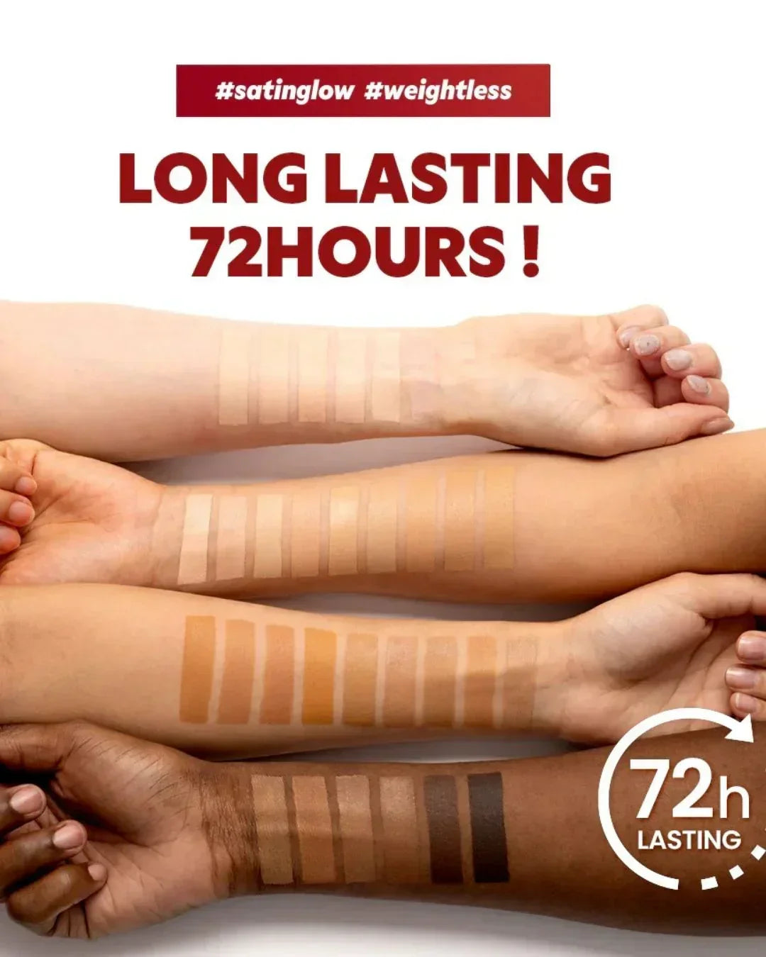 Four arms of different skin tones showing foundation swatches, long lasting 72 hours makeup
