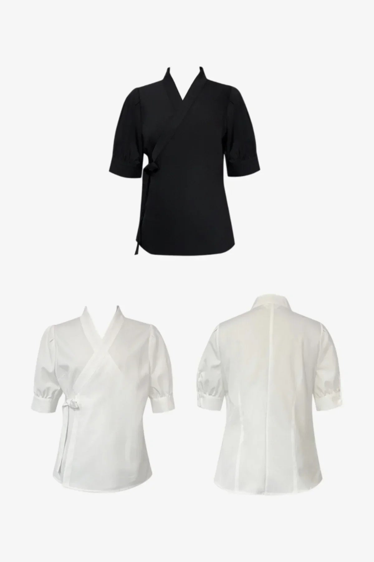 Black and ivory wrap-style blouses with short puff sleeves shown front and back views