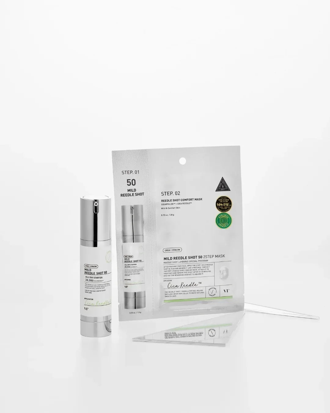 VT Cica Hyalon Mild Reedle Shot 50 serum and 2-step comfort mask skincare products on white background