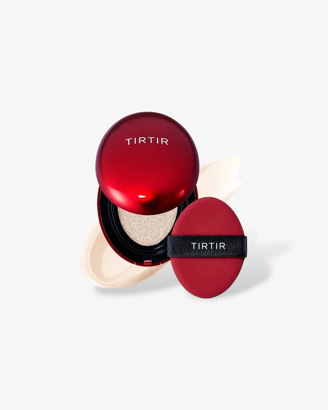 TIRTIR red cushion compact with applicator sponge and beige foundation on white background