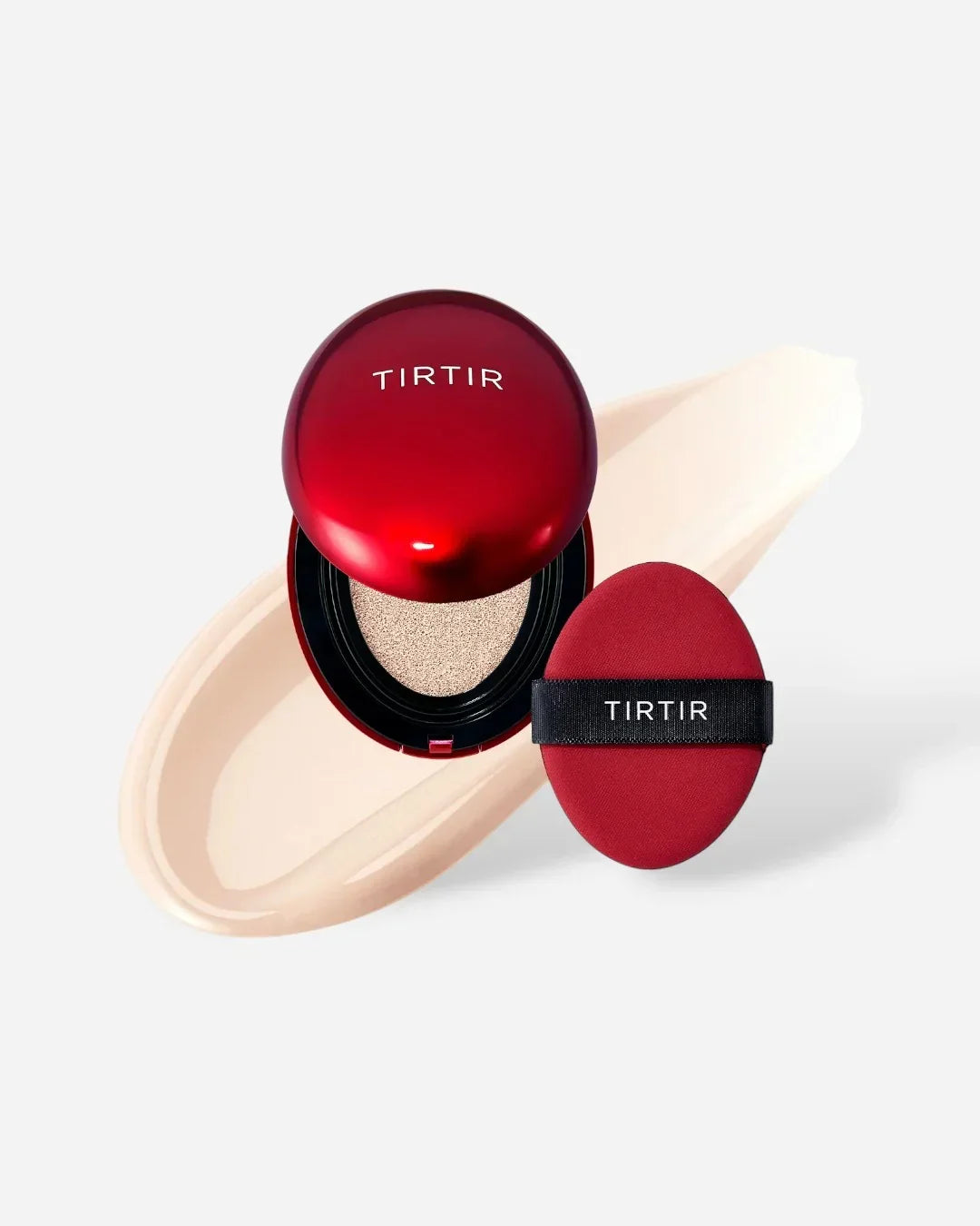 TIRTIR red cushion compact open with sponge applicator and beige foundation swatch on white background