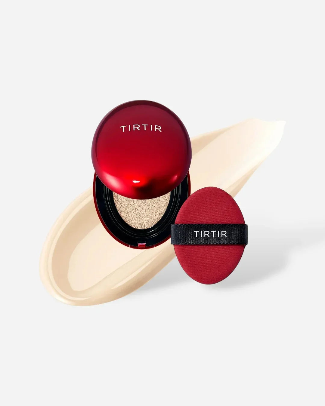 TIRTIR red cushion compact foundation with applicator puff and beige foundation smear