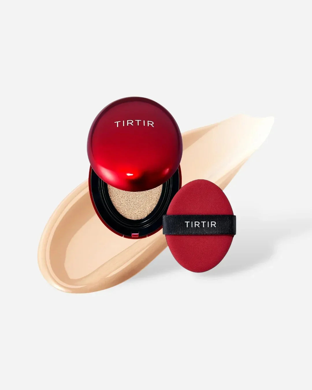 TIRTIR red cushion compact with applicator sponge on ivory beige liquid foundation backdrop