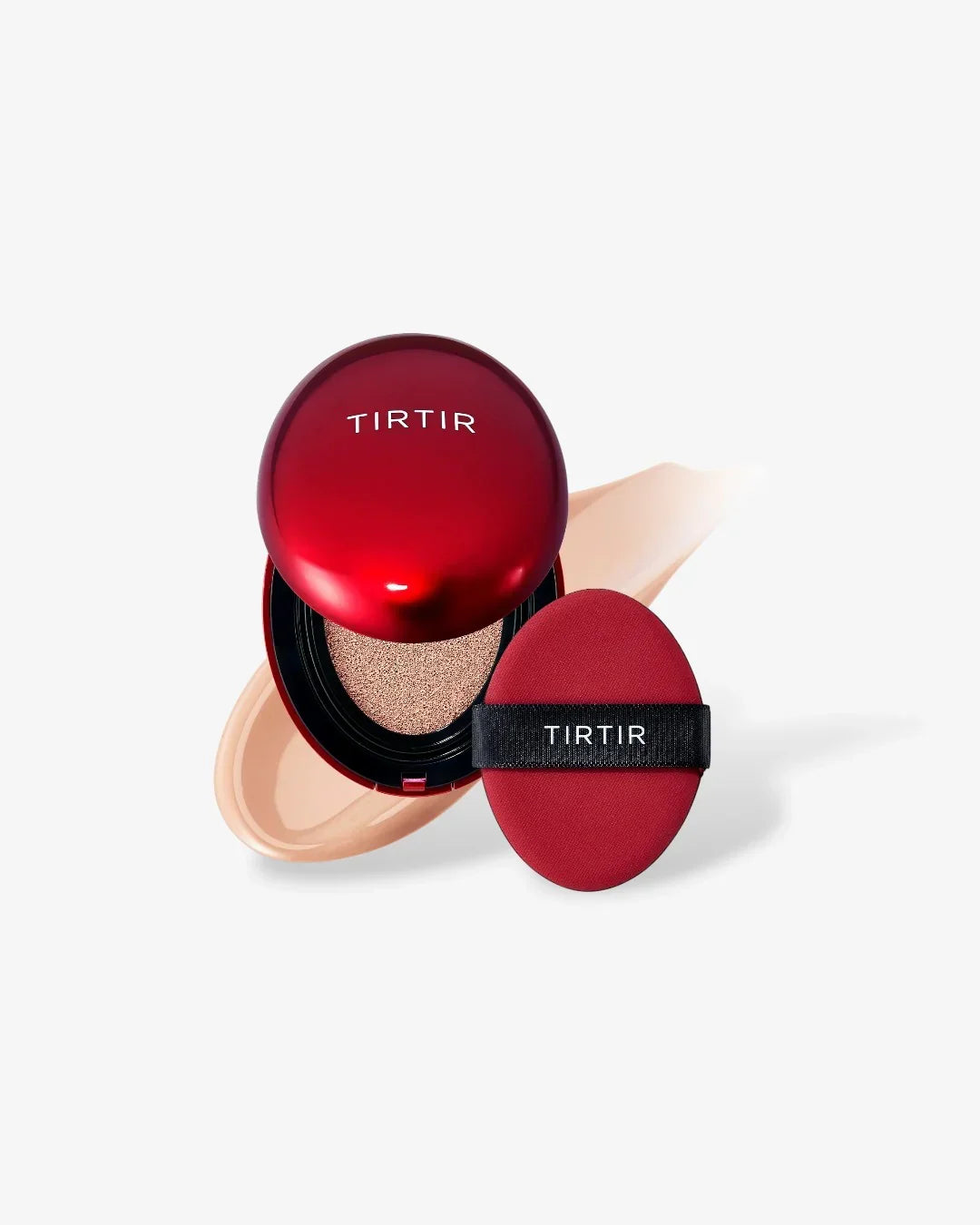TIRTIR red cushion compact foundation with beige makeup puff and liquid foundation smear