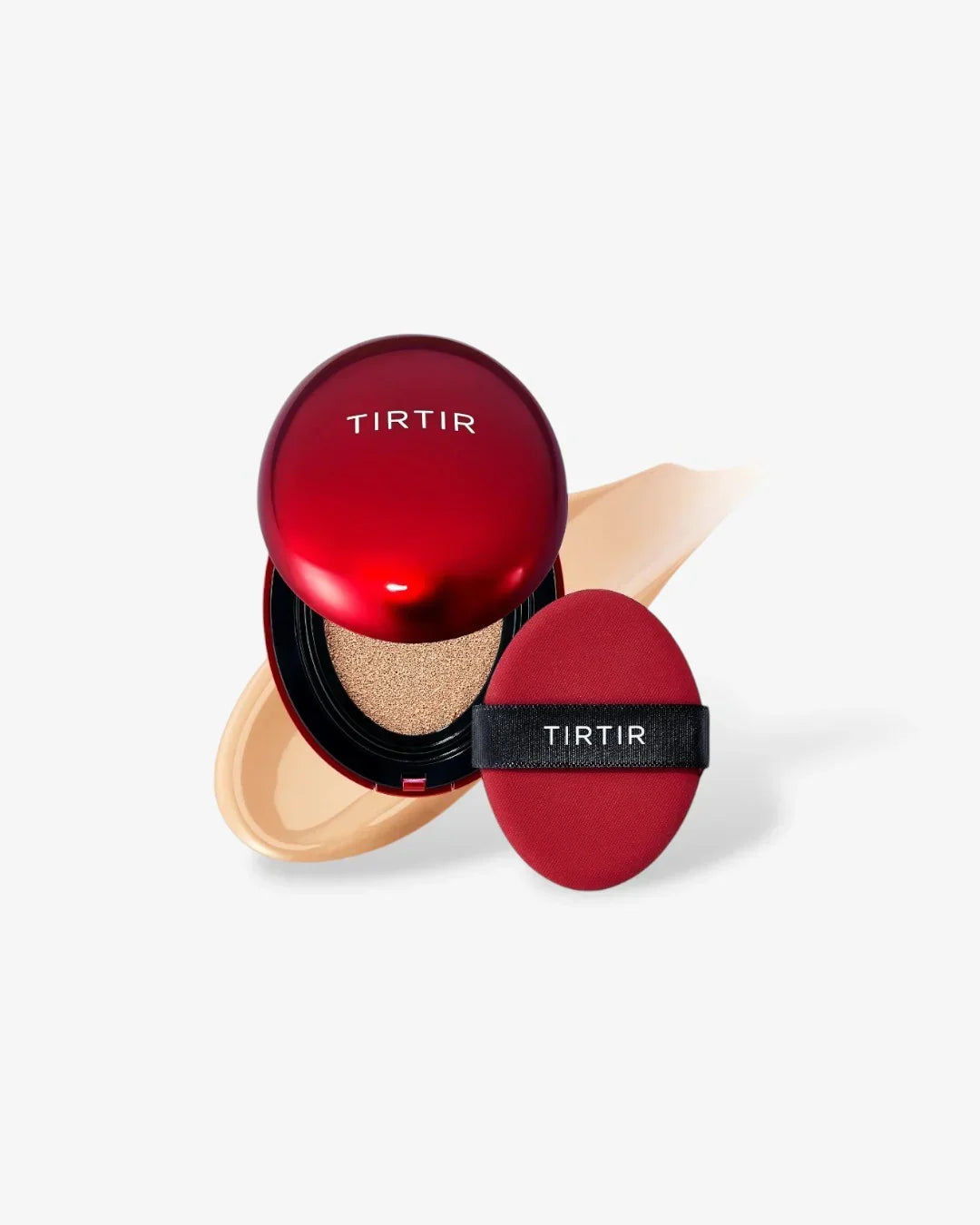 TIRTIR red cushion compact foundation with beige cushion puff and foundation smear