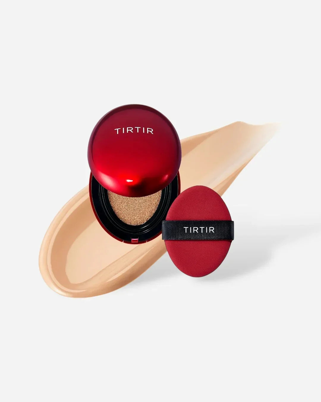 TIRTIR red cushion compact foundation with matching applicator on beige liquid foundation background
