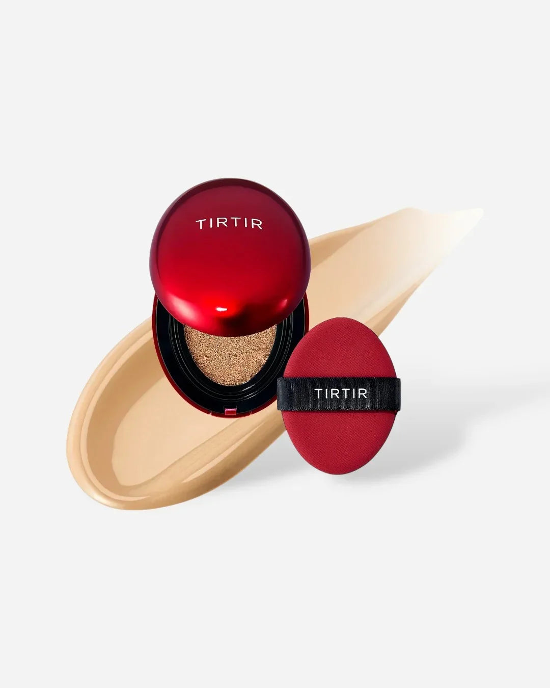 TIRTIR red cushion compact foundation with sponge applicator and beige foundation swatch