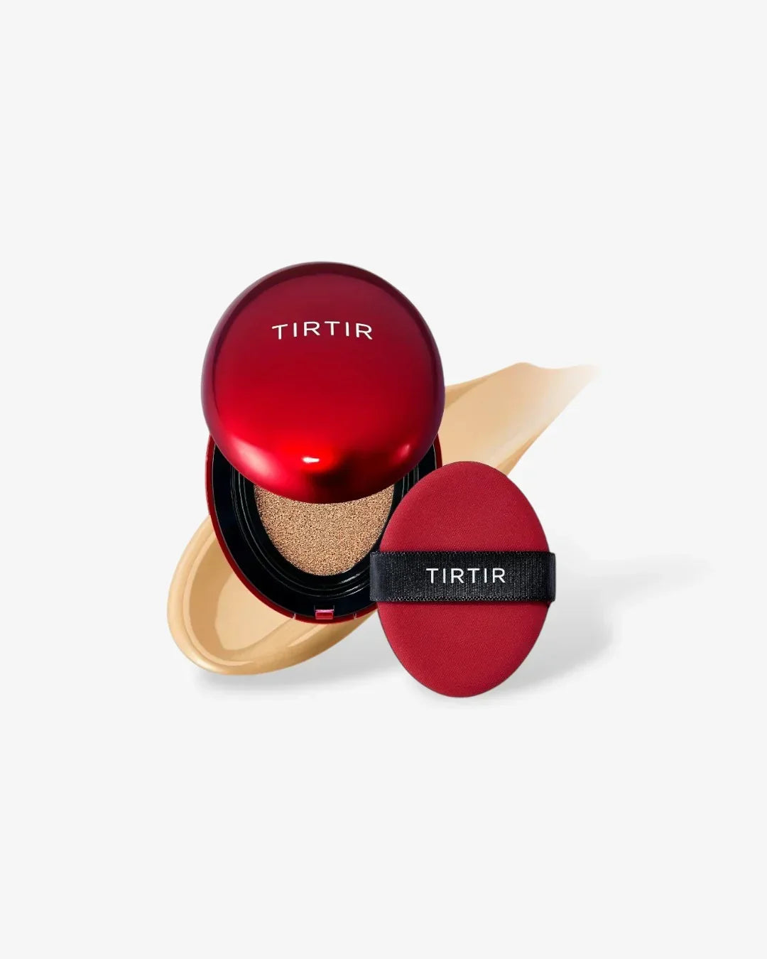 TIRTIR red cushion compact foundation with matching applicator and beige foundation swatch
