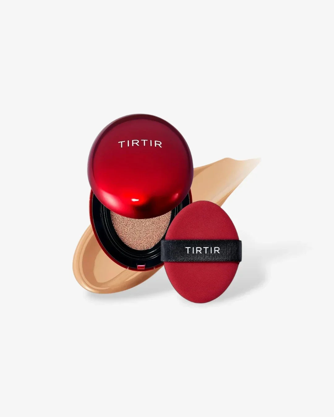 TIRTIR red cushion compact with beige foundation swatch and matching applicator puff