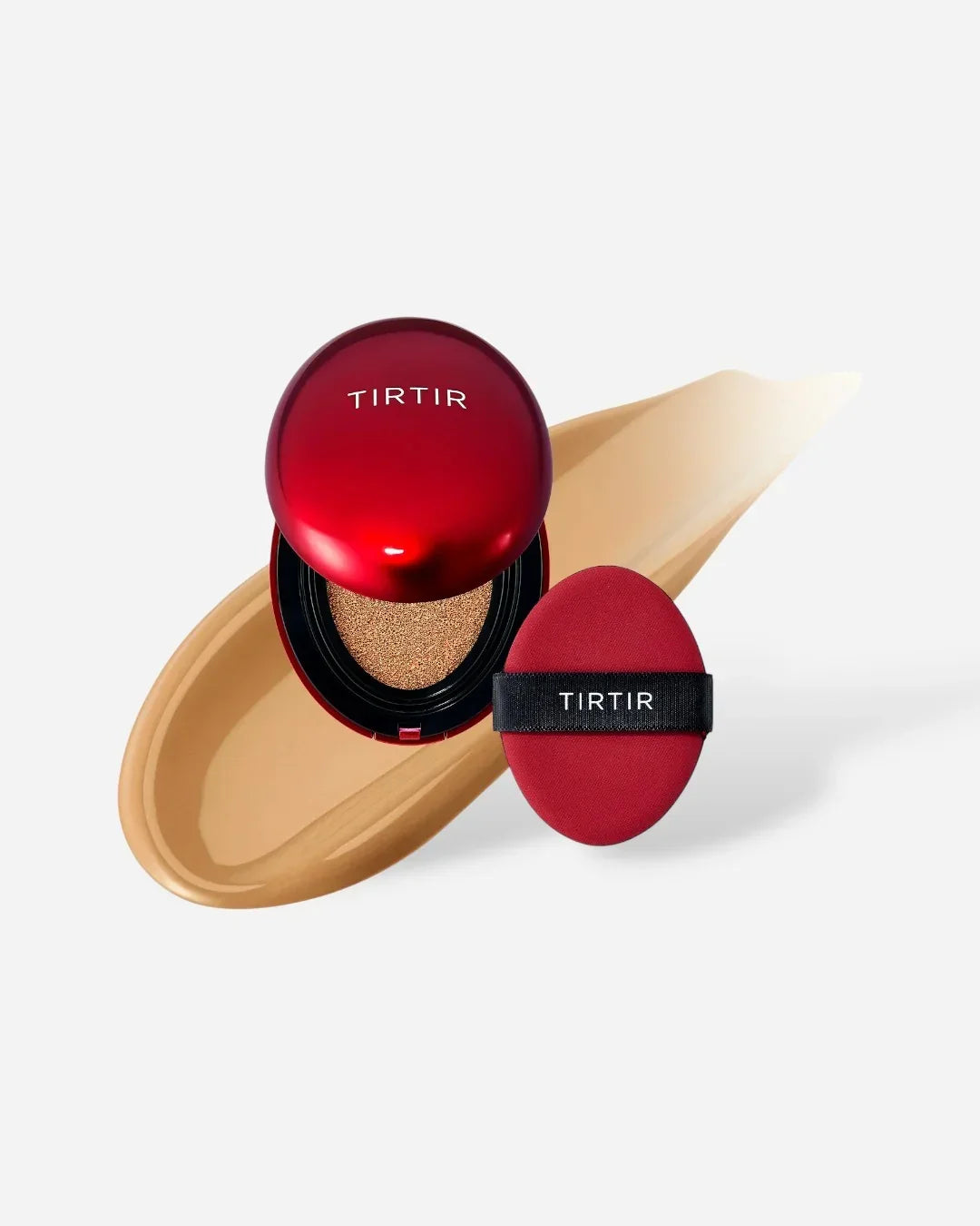 TIRTIR red cushion compact foundation with applicator and beige foundation swatch on white background
