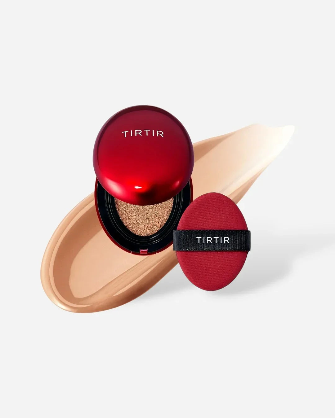 TIRTIR red compact cushion foundation with applicator and beige makeup swatch