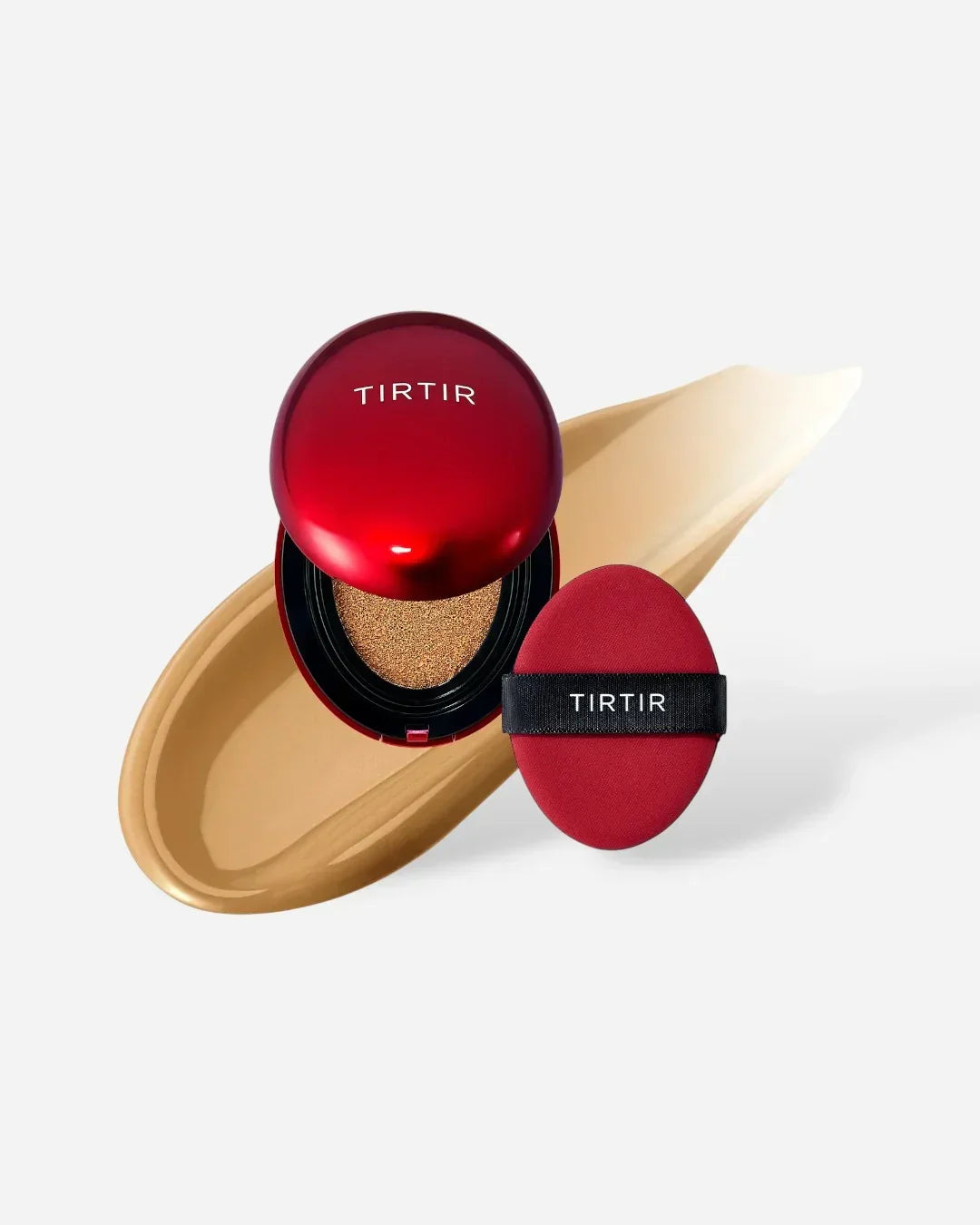 TIRTIR red compact cushion foundation with applicator and beige foundation swatch