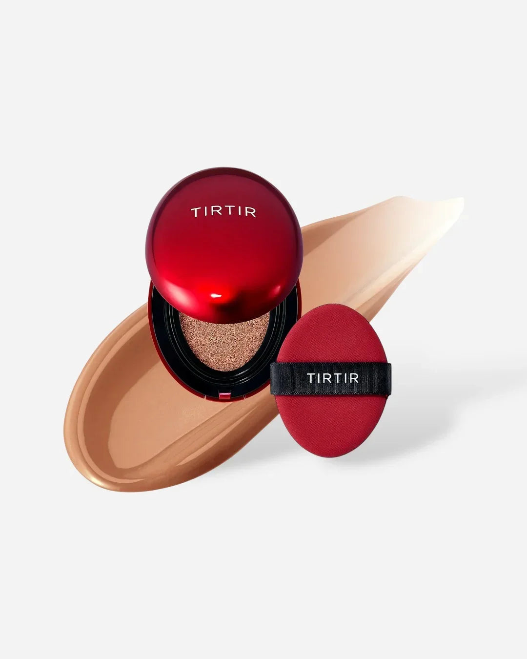 TIRTIR red cushion foundation compact with applicator sponge and beige makeup swatch on white