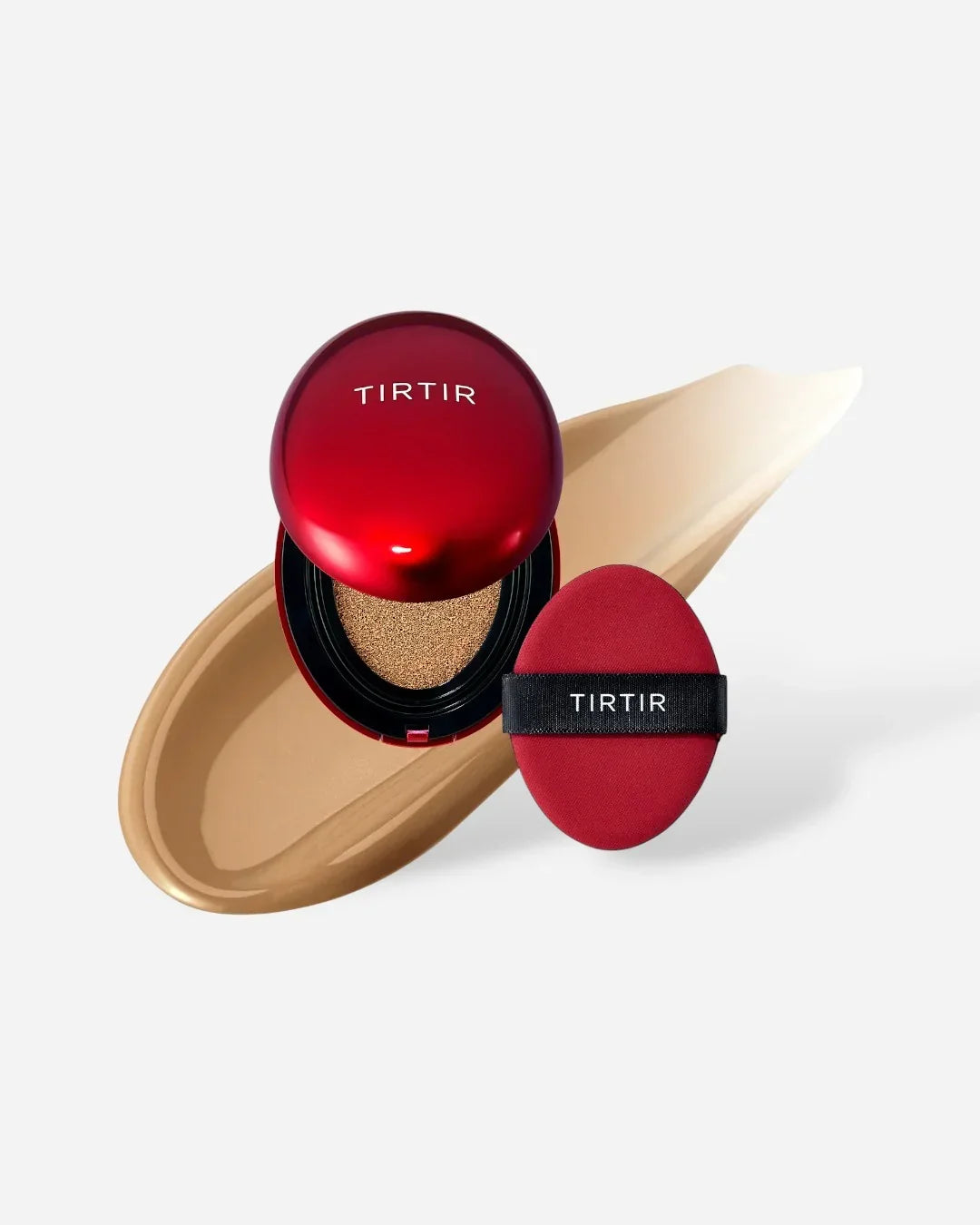 Tirtir mini cushion foundation in red compact with matching applicator and beige liquid foundation swatch