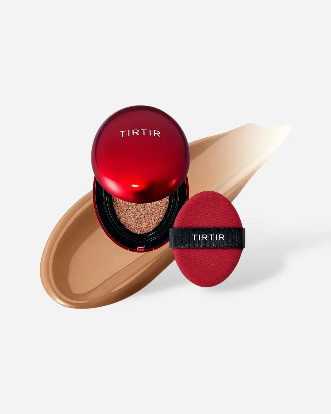 TIRTIR red cushion foundation compact with applicator on beige makeup swatch background