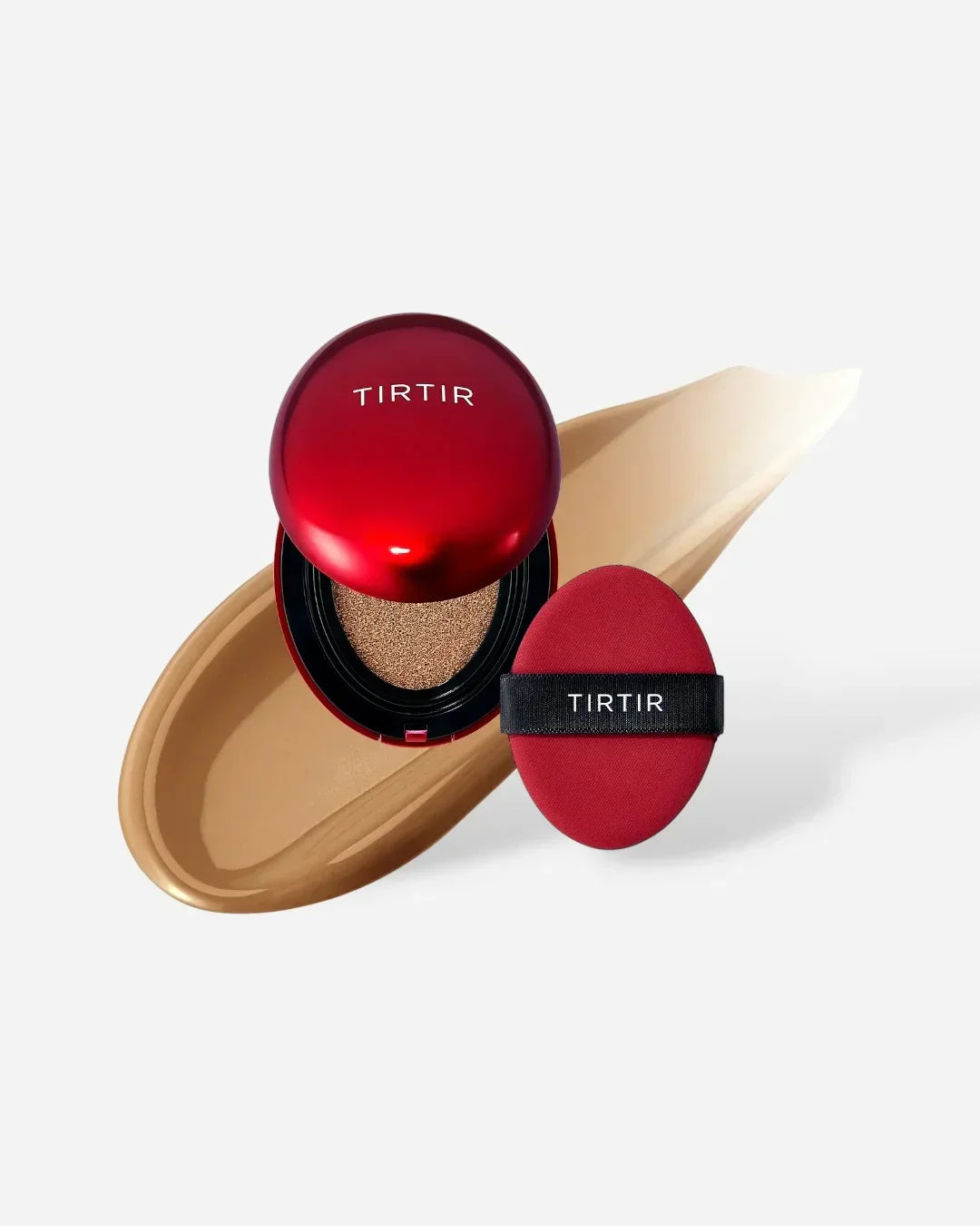 TIRTIR red cushion compact foundation with sponge applicator and deep cocoa foundation swatch