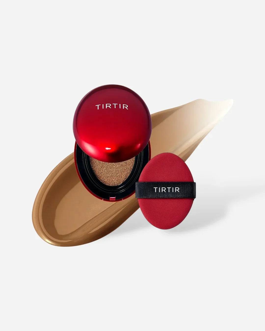 TIRTIR Mini Mask Fit Cushion compact and red applicator puff with beige foundation swatch on white background