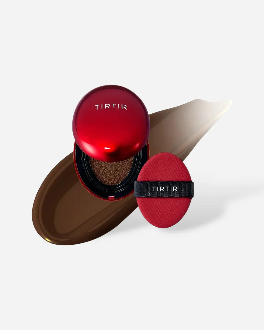 TIRTIR red cushion compact foundation with matching applicator and brown foundation swatch