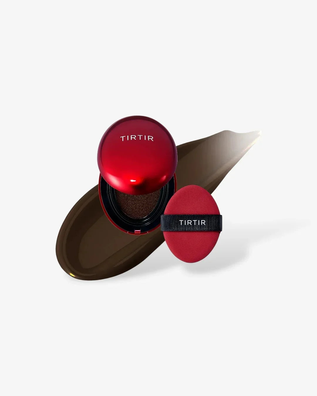 TIRTIR red cushion compact with espresso foundation and matching applicator puff on white background