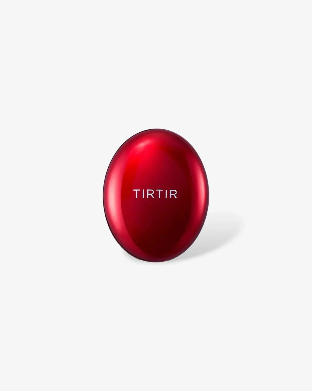 Red oval compact cushion case with TIRTIR logo on white background