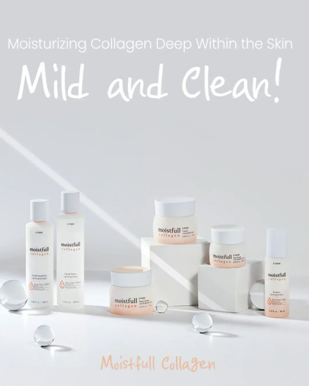 Moistfull Collagen skincare products including facial emulsion, toner, cream, and balm with clear decorative spheres