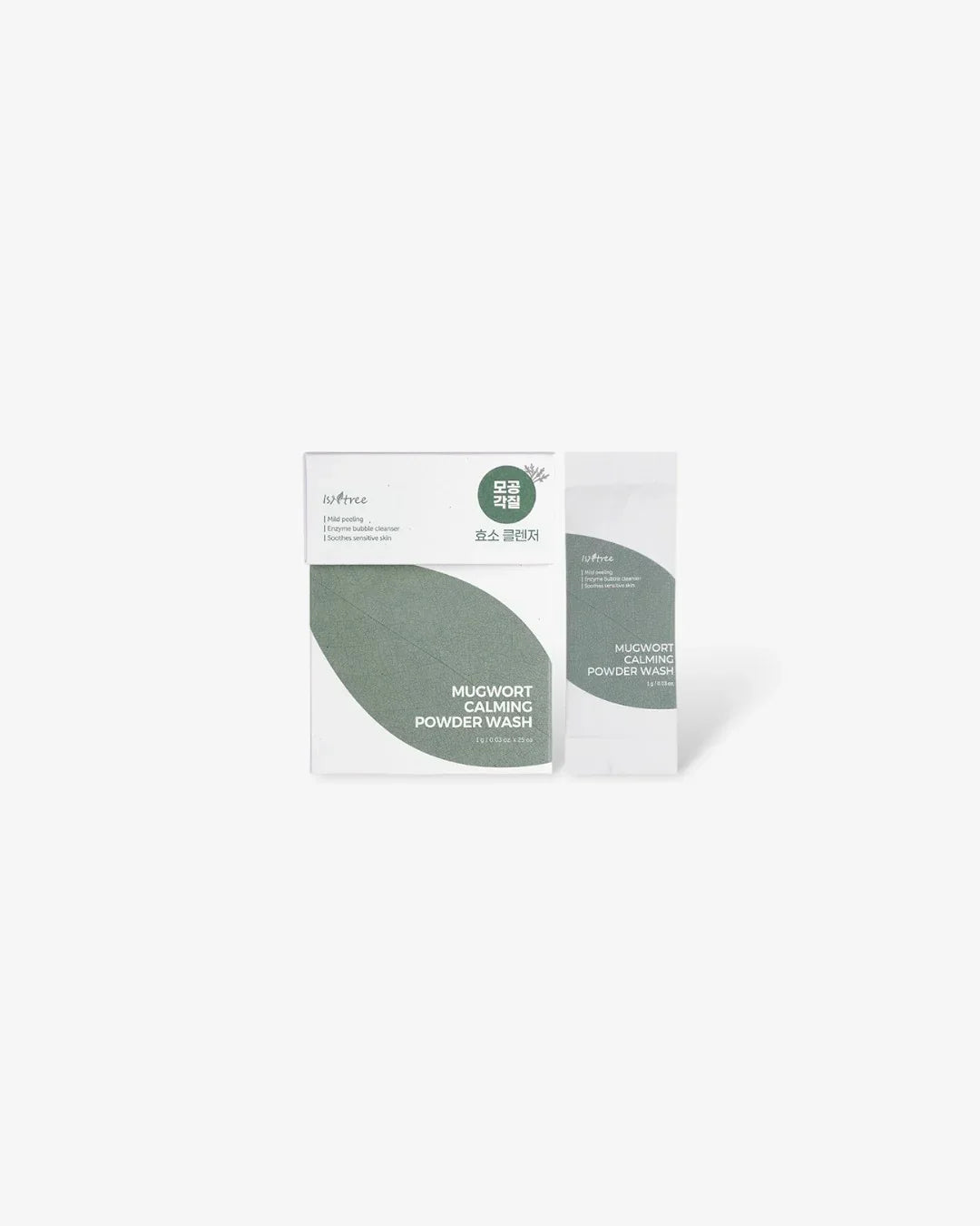 Isntree Mugwort Calming Powder Wash packaging with green leaf design on white background