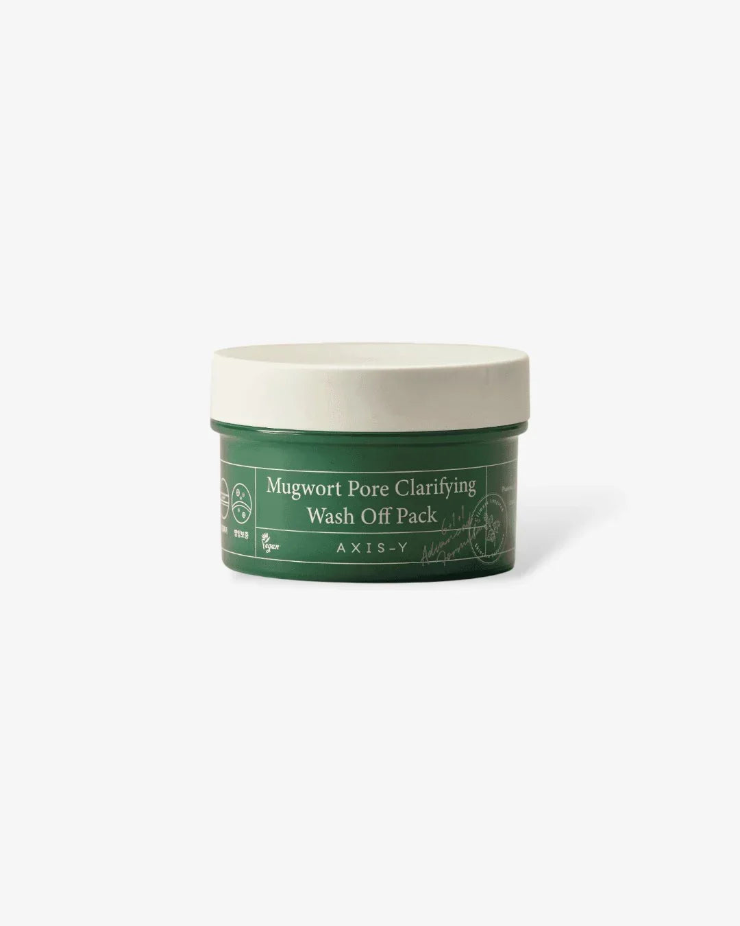 Green jar of Mugwort Pore Clarifying Wash Off Pack by AXIS-Y with white lid on white background